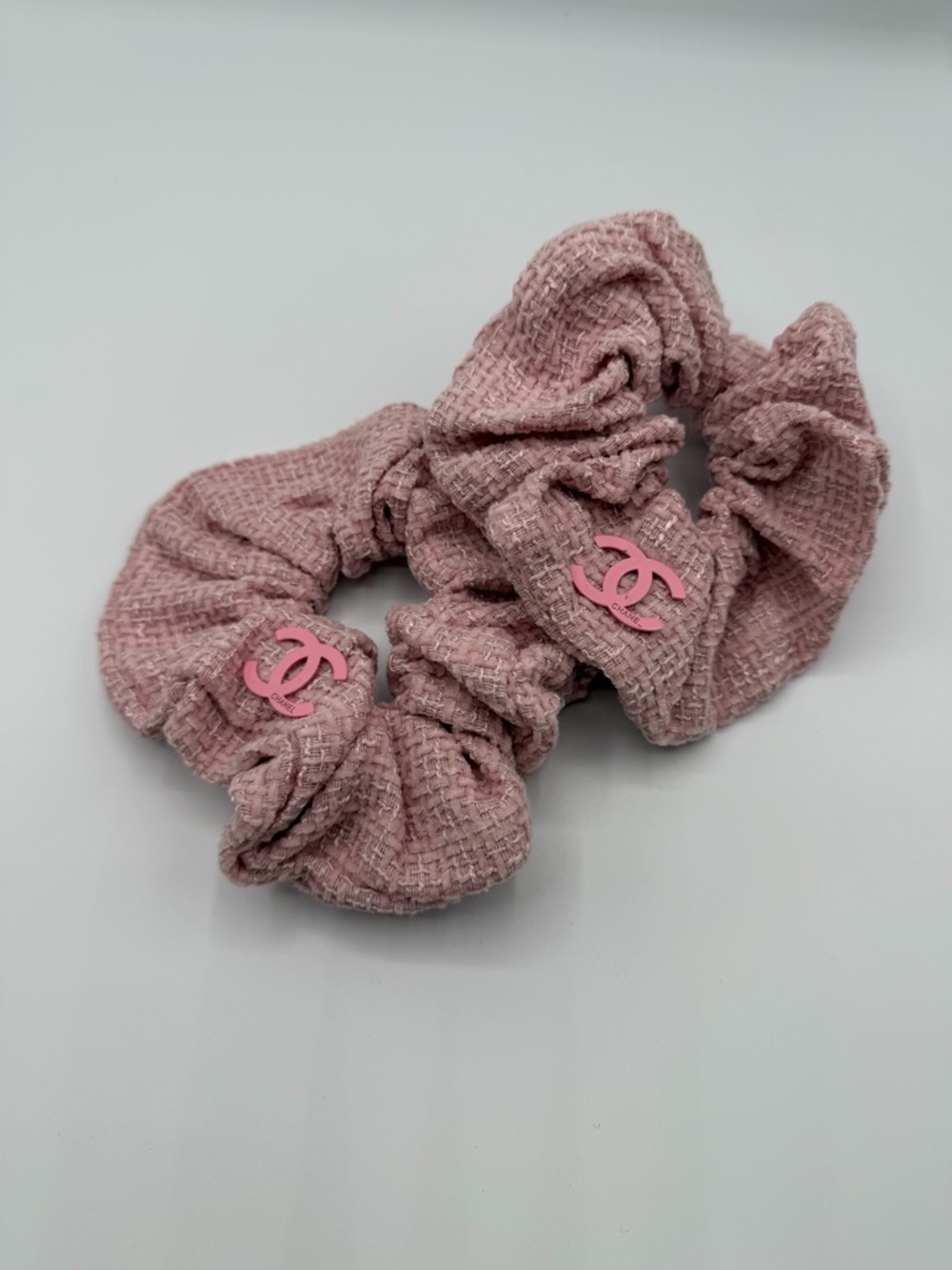 Pink Tweed Logo Scrunchie Pair